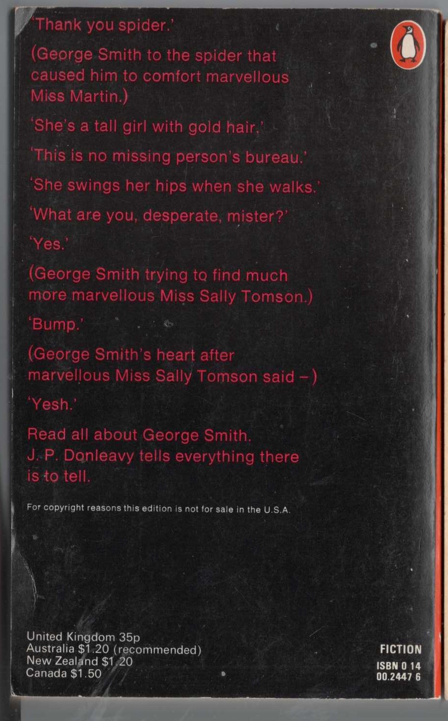 J.P. Donleavy  A SINGULAR MAN magnified rear book cover image