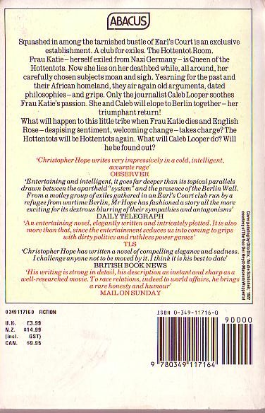 Christopher Hope  THE HOTTENTOT ROOM magnified rear book cover image