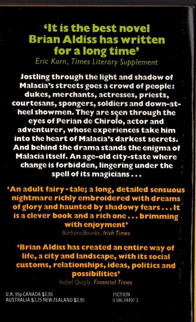 Brian Aldiss  THE MALACIA TAPESTRY magnified rear book cover image