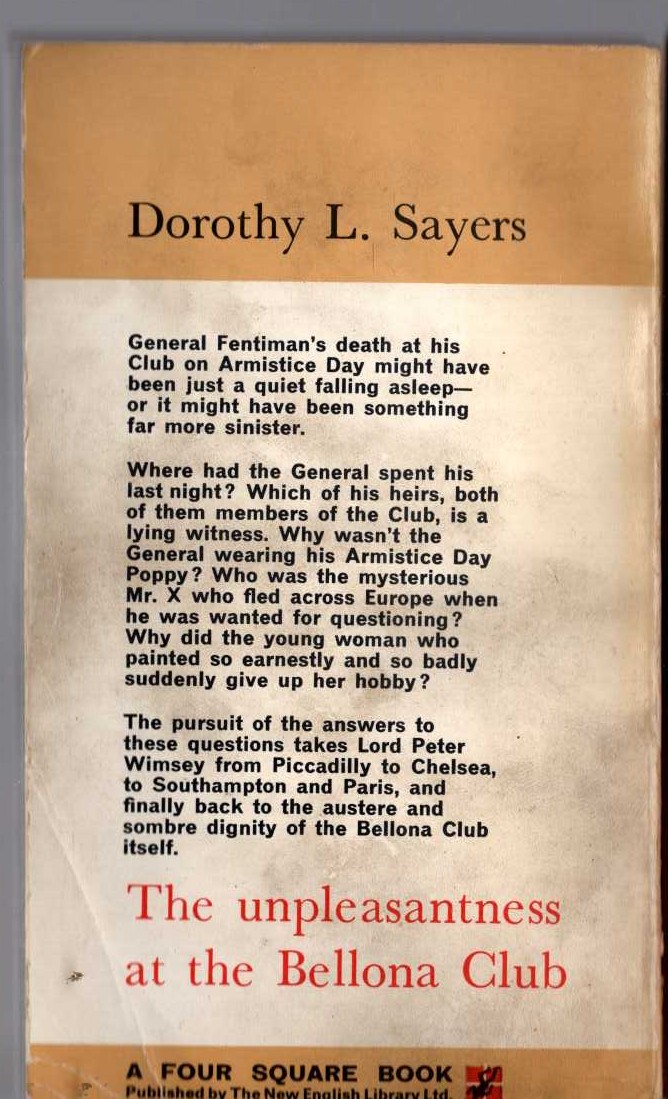 Dorothy L. Sayers  THE UNPLEASANTNESS AT THE BELLONA CLUB magnified rear book cover image