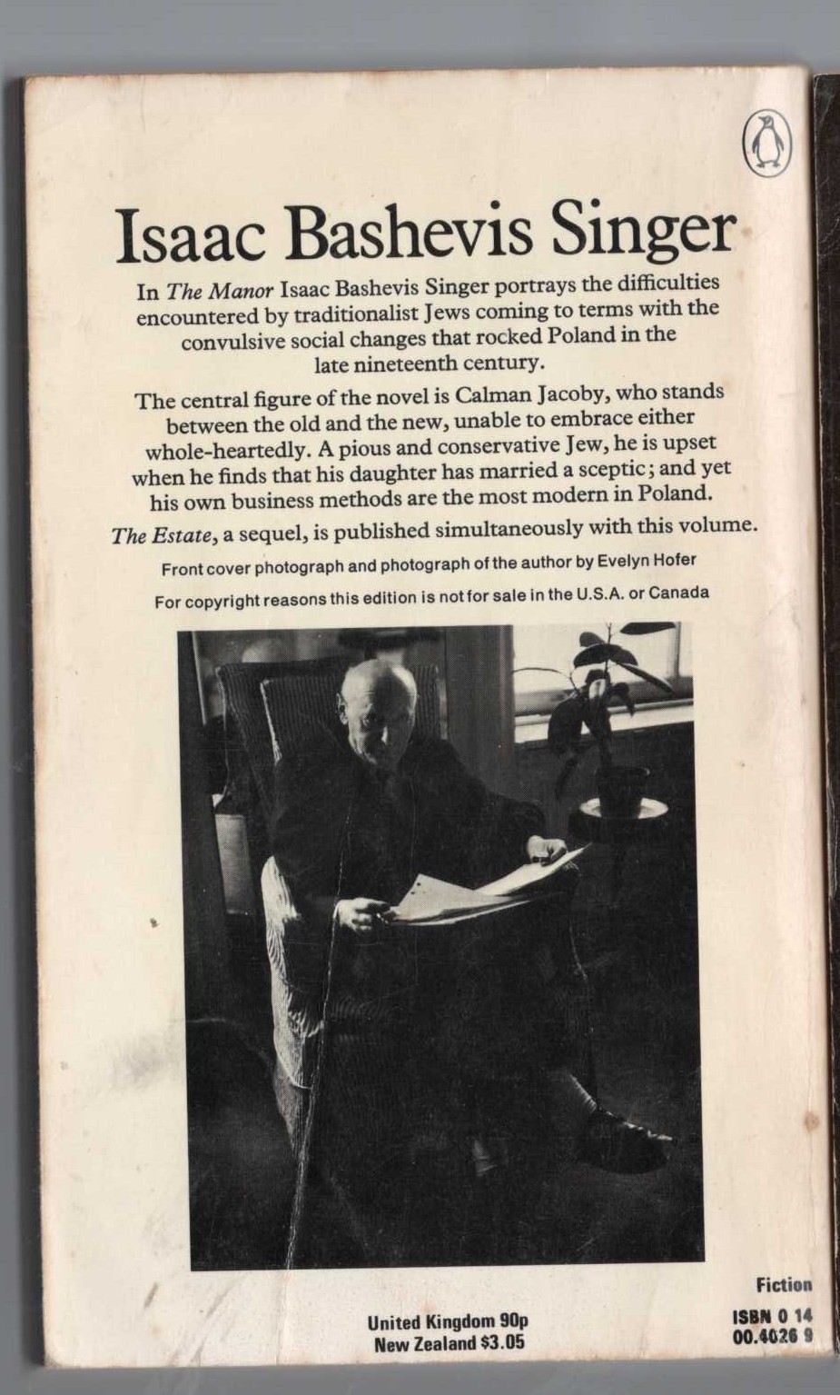 Isaac Bashevis Singer  THE MANOR magnified rear book cover image