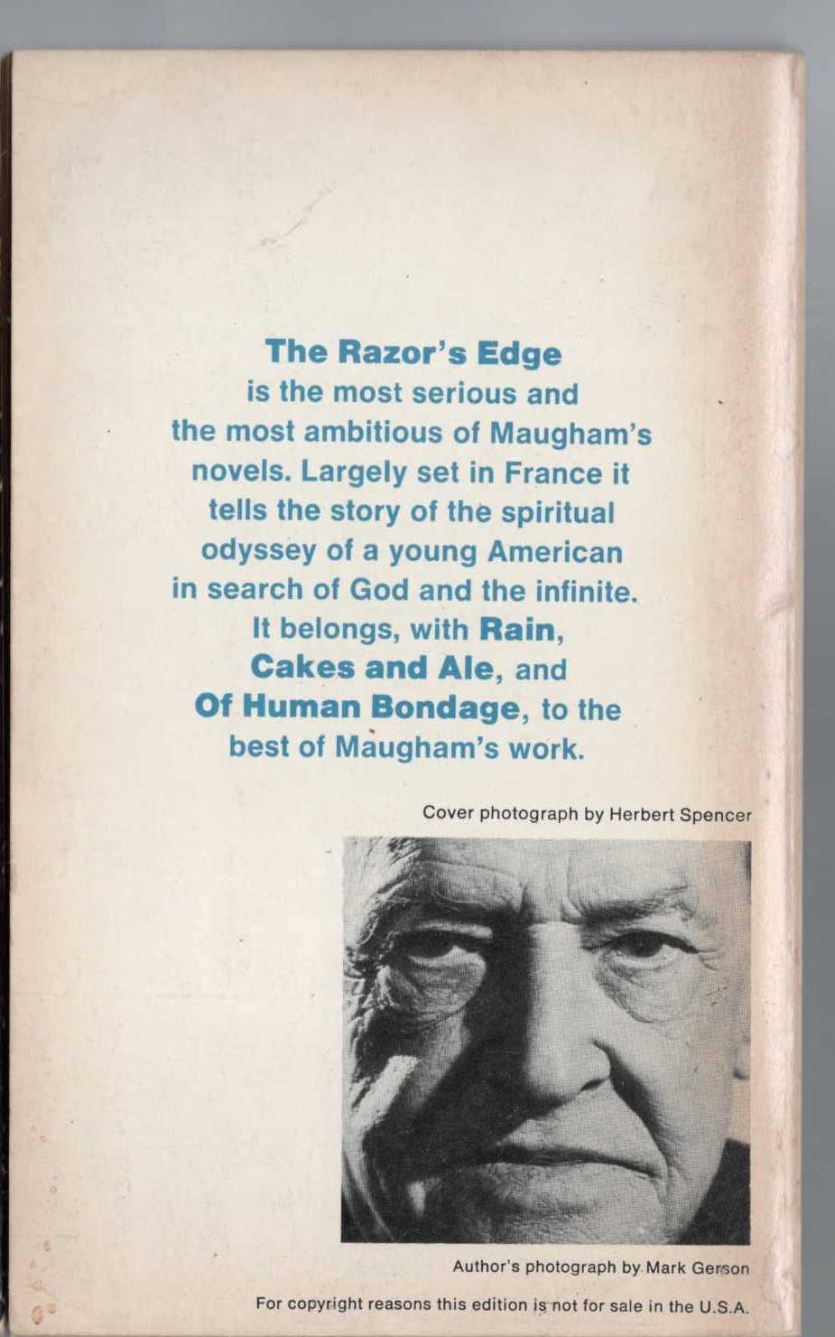 W.Somerset Maugham  THE RAZOR'S EDGE magnified rear book cover image