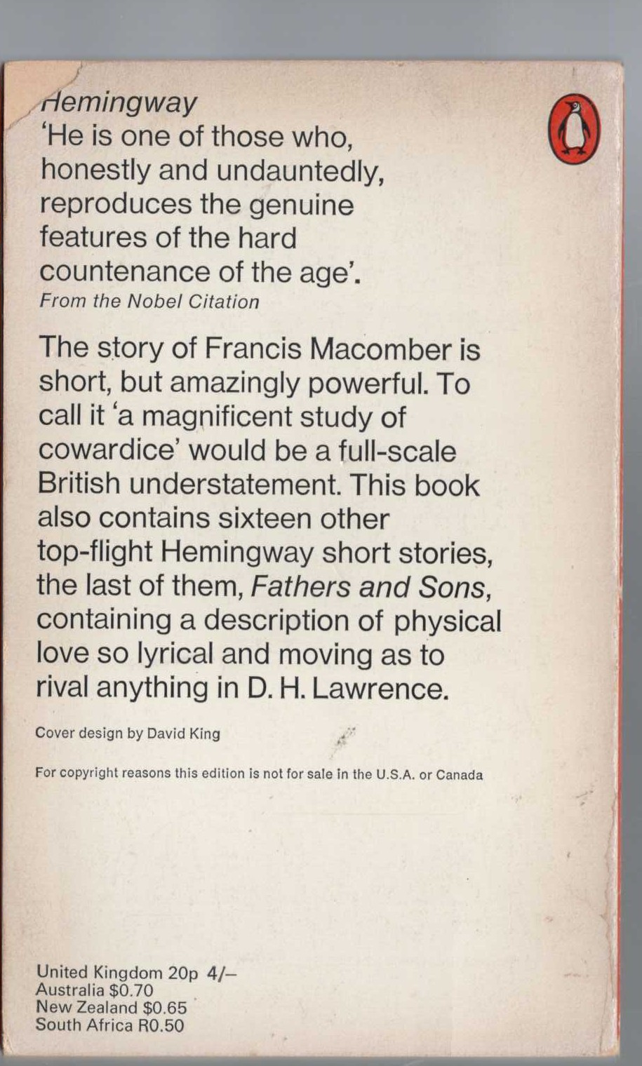 Ernest Hemingway  THE SHORT HAPPY LIFE OF FRANCIS MACOMBER magnified rear book cover image