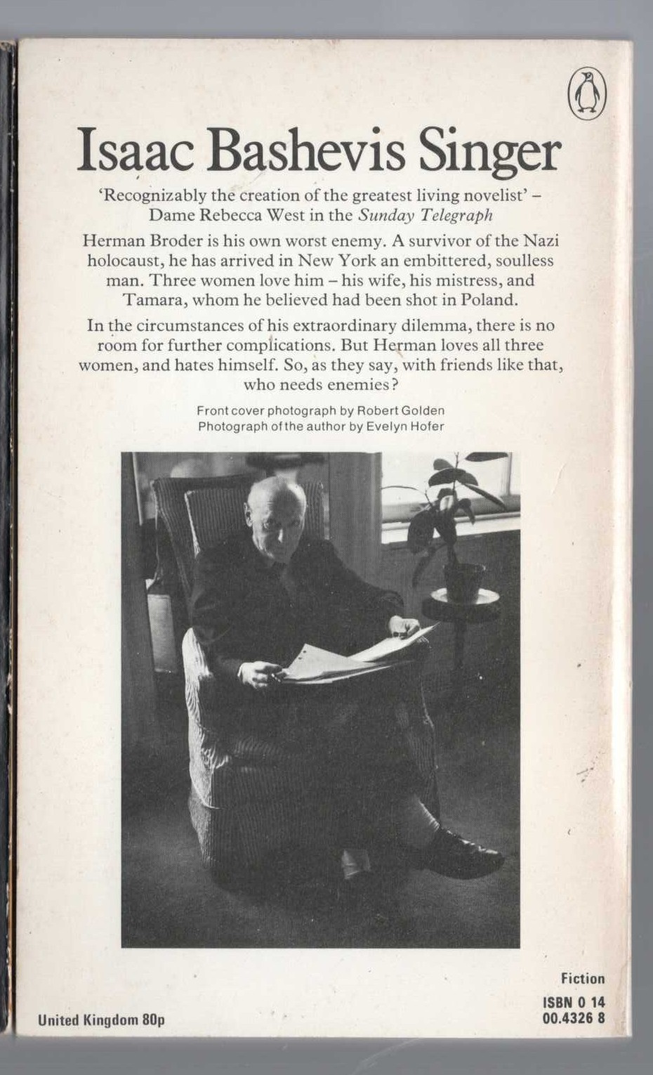 Isaac Bashevis Singer  ENEMIES: A Love Story magnified rear book cover image
