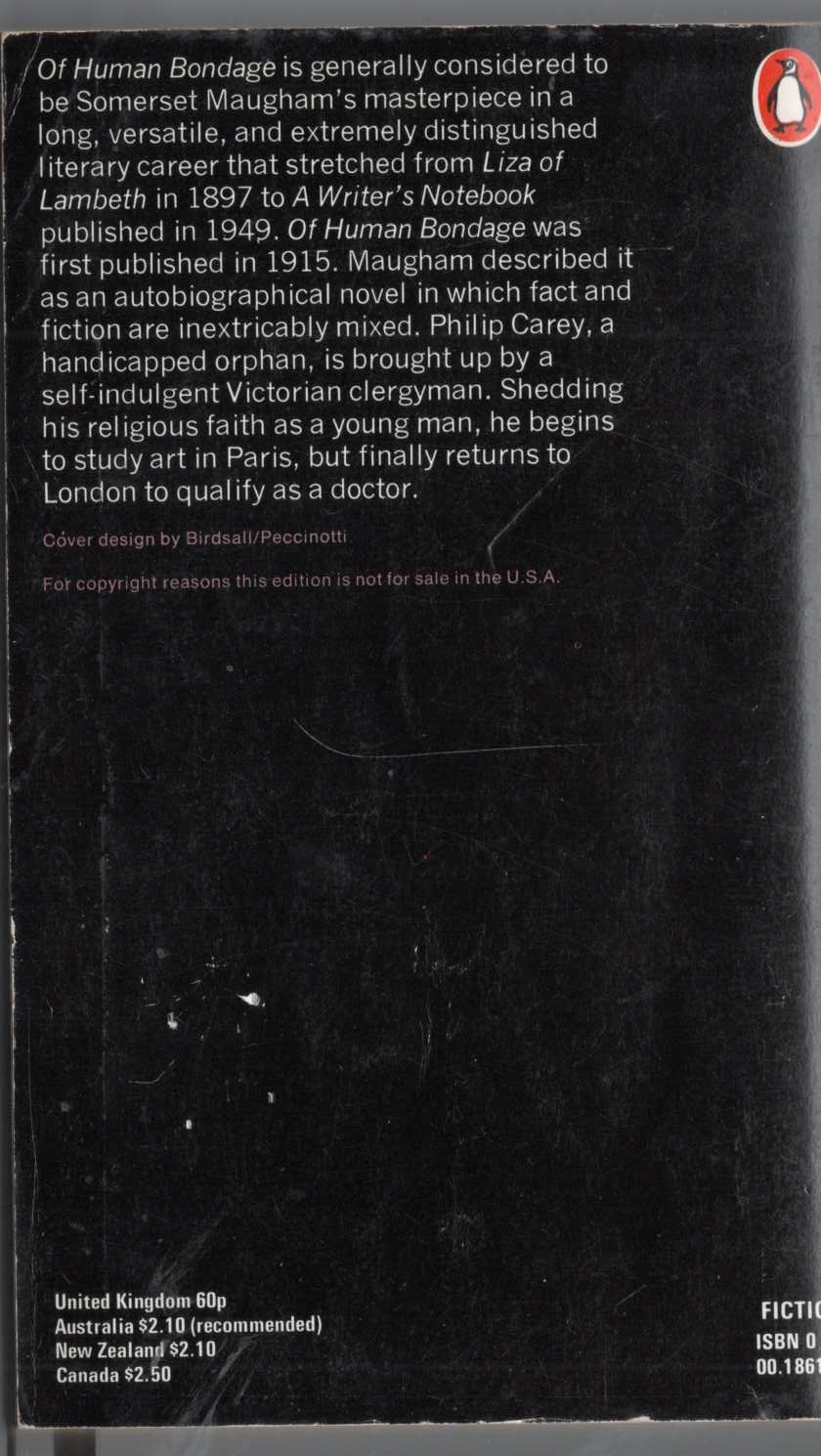 W.Somerset Maugham  ON HUMAN BONDAGE magnified rear book cover image