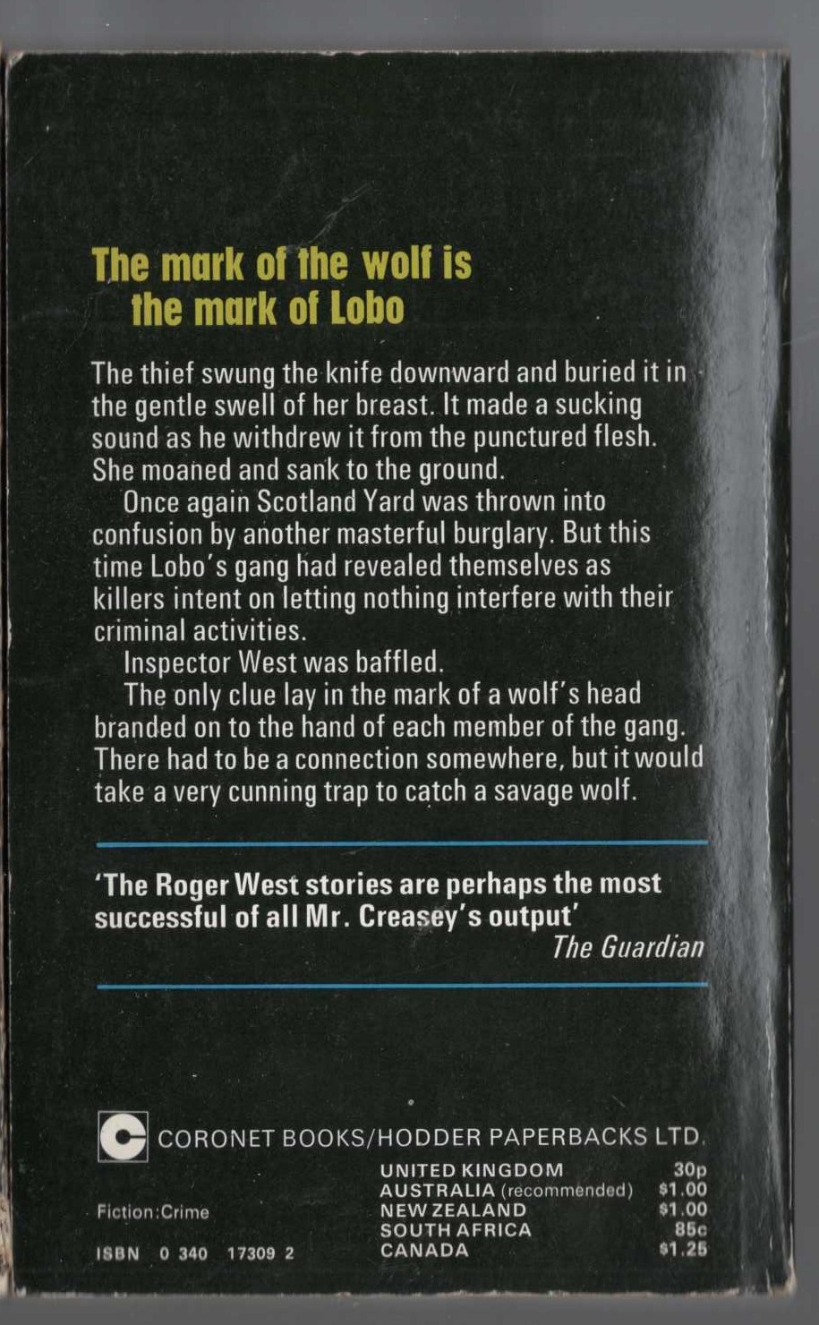 John Creasey  INSPECTOR WEST CRIES WOLF magnified rear book cover image