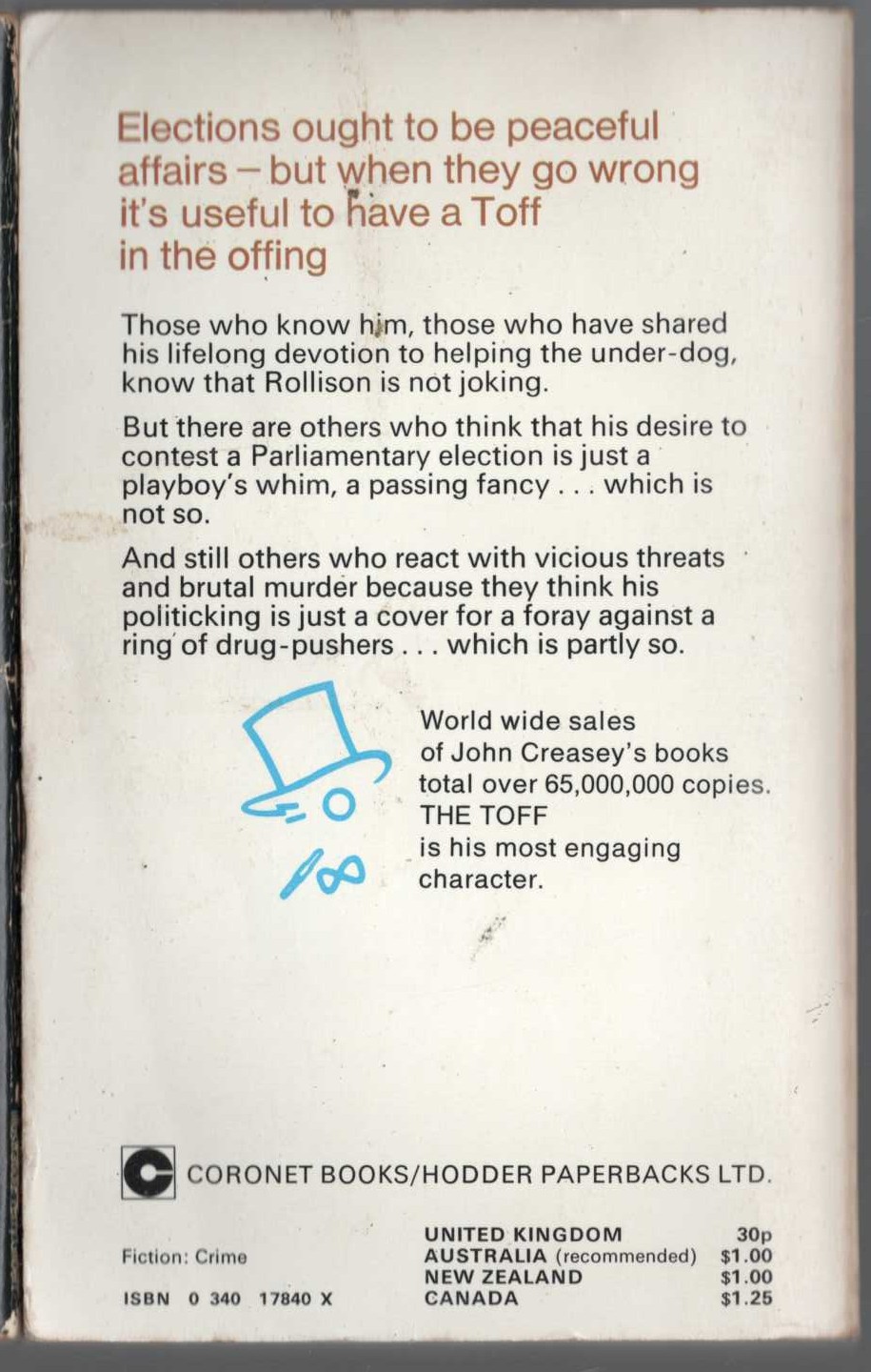 John Creasey  VOTE FOR THE TOFF magnified rear book cover image