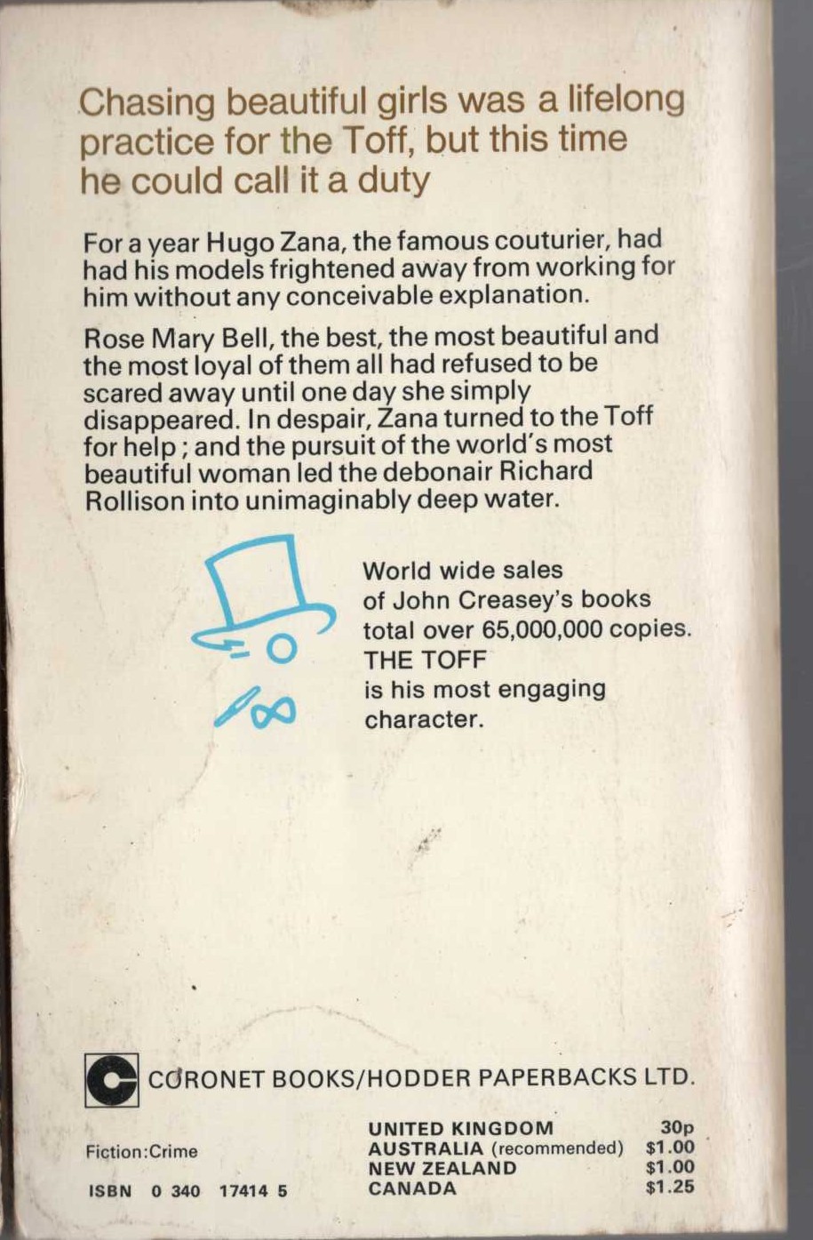 John Creasey  MODEL FOR THE TOFF magnified rear book cover image