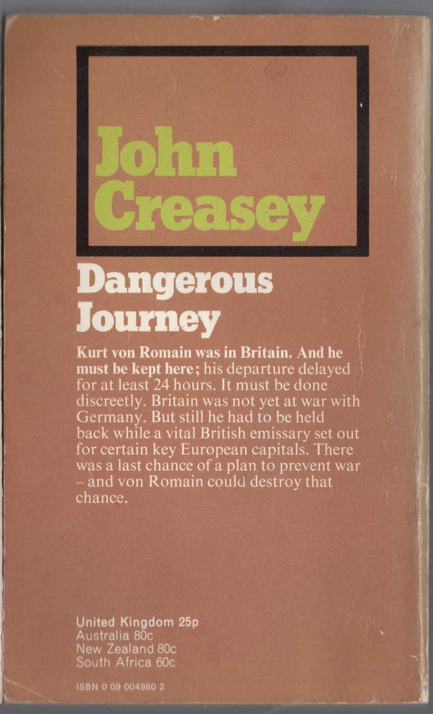 John Creasey  DANGEROUS JOURNEY magnified rear book cover image