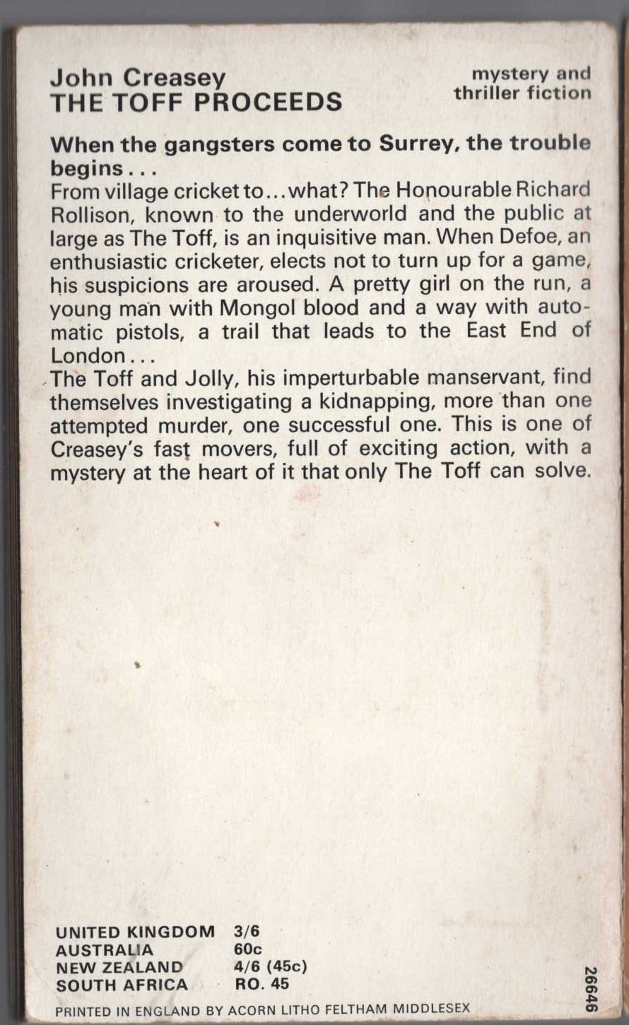John Creasey  THE TOFF PROCEEDS magnified rear book cover image