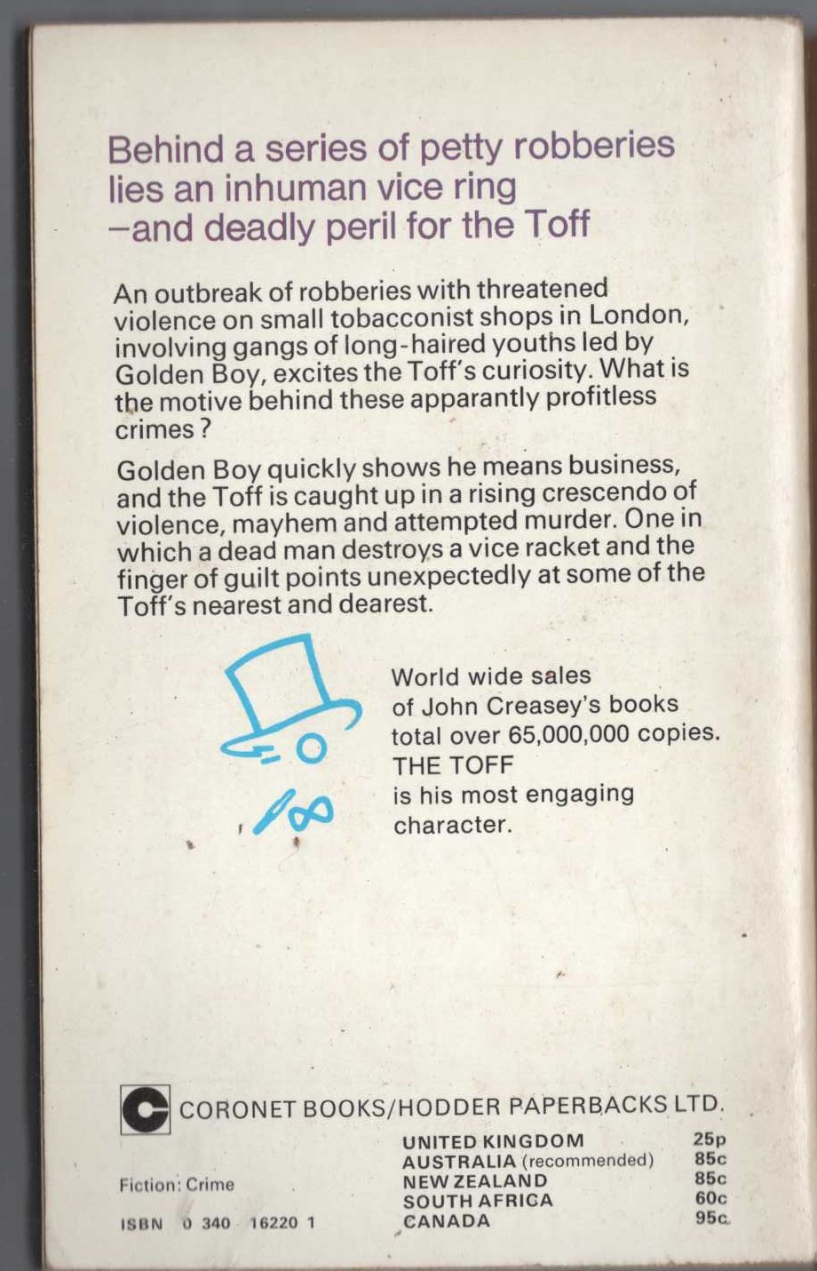 John Creasey  THE TOFF AND THE GOLDEN BOY magnified rear book cover image
