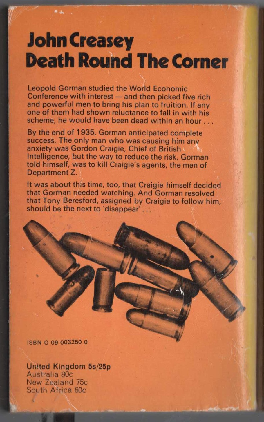 John Creasey  DEATH ROUND THE CORNER (Department Z) magnified rear book cover image