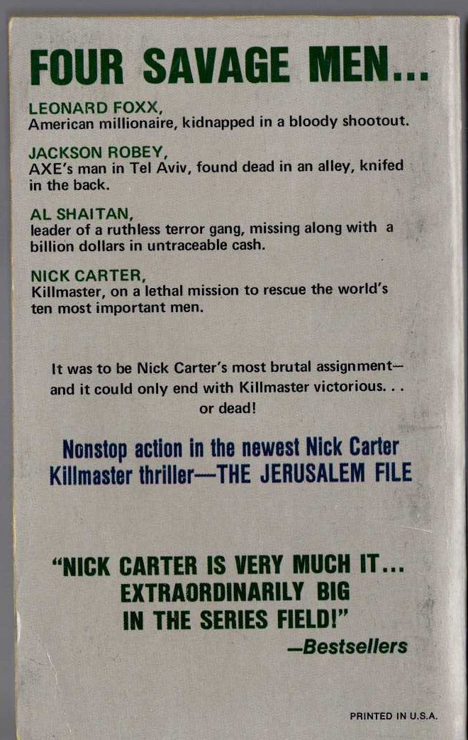 Nick Carter  THE JERUSALEM FILE magnified rear book cover image