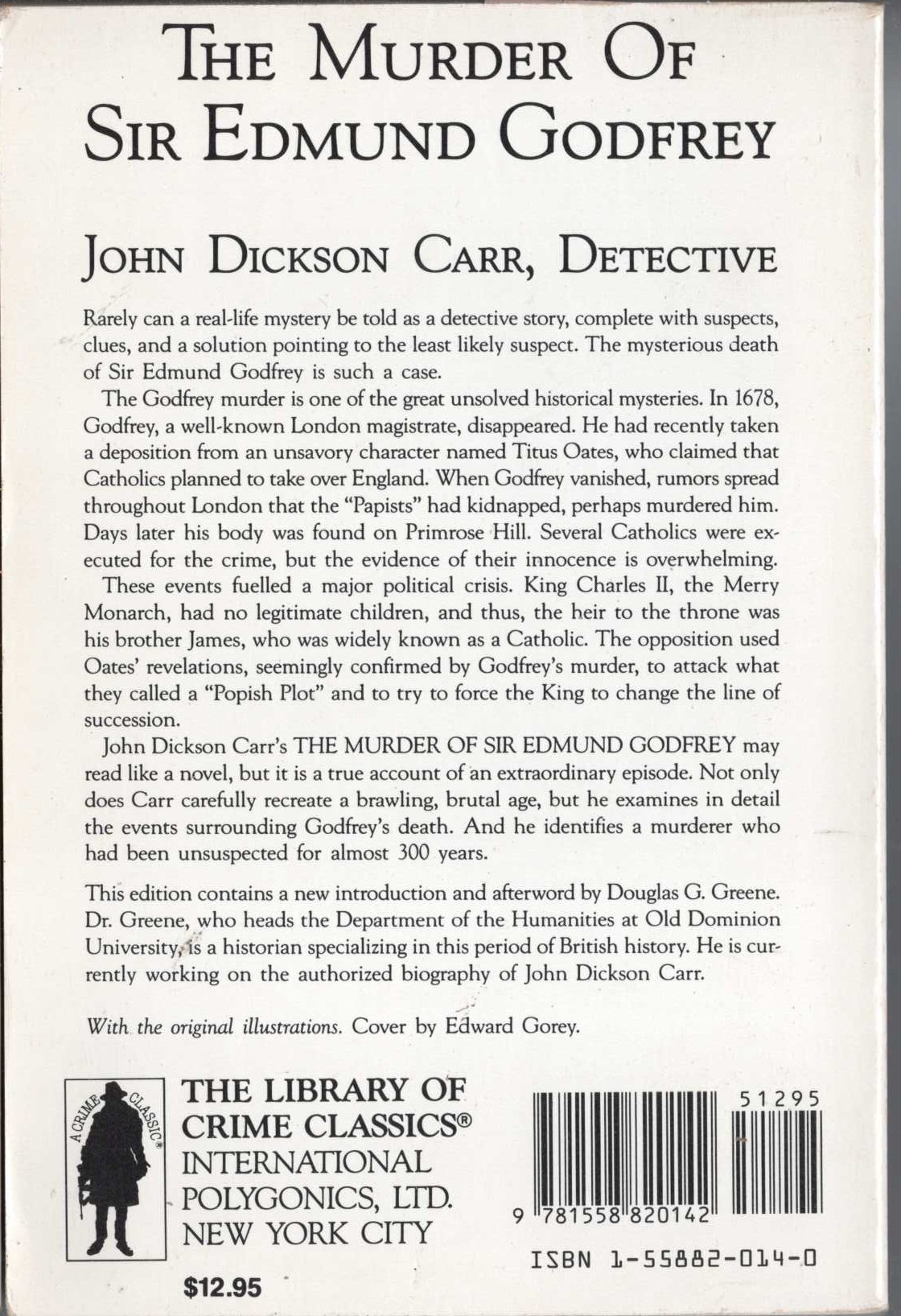 John Dickson Carr  THE MURDER OF SIR EDMUND GODFREY magnified rear book cover image