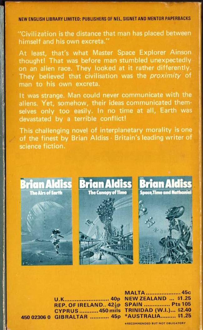 Brian Aldiss  THE DARK LIGHT YEARS magnified rear book cover image