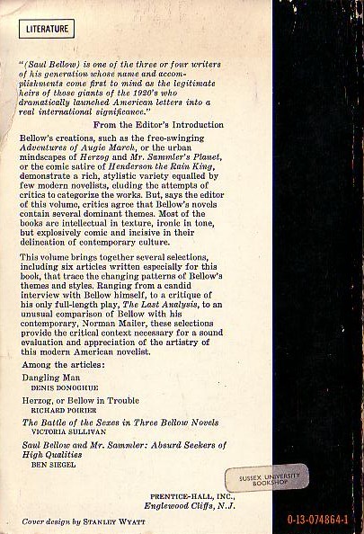 (Earl Rovit edits) SAUL BELLOW. A Collection of Critical Essays magnified rear book cover image