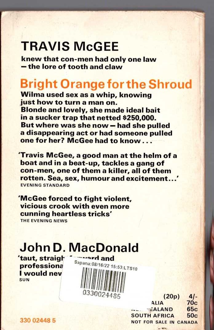 John D. MacDonald  BRIGHT ORANGE FOR A SHROUD magnified rear book cover image