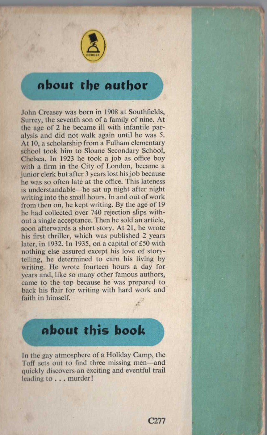 John Creasey  THE TOFF AT BUTLIN'S magnified rear book cover image