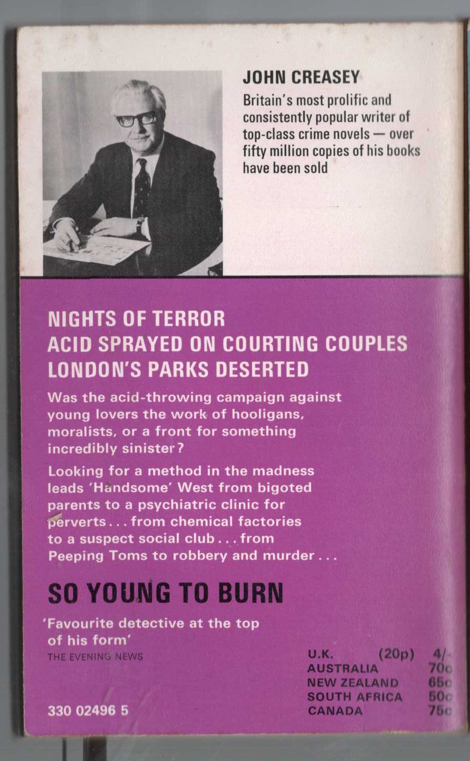 John Creasey  SO YOUNG TO BURN magnified rear book cover image