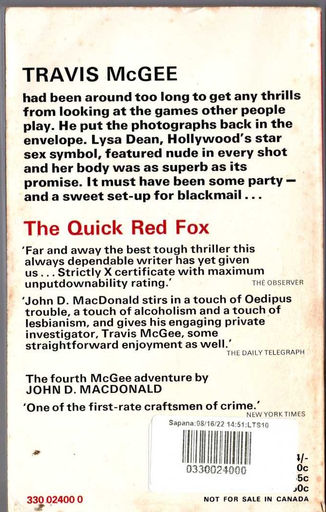 John D. MacDonald  THE QUICK RED FOX magnified rear book cover image