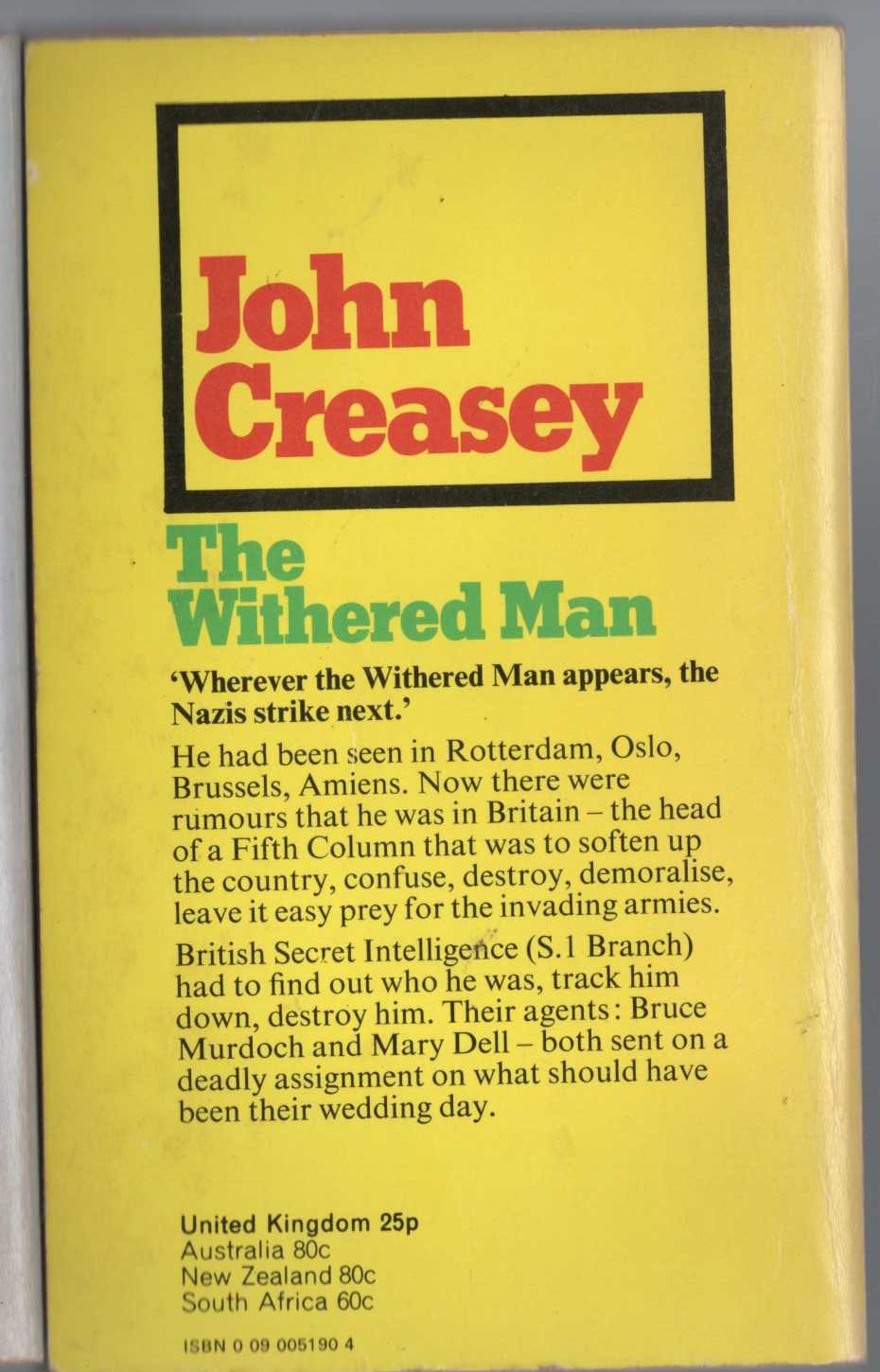 John Creasey  THE WITHERED MAN magnified rear book cover image
