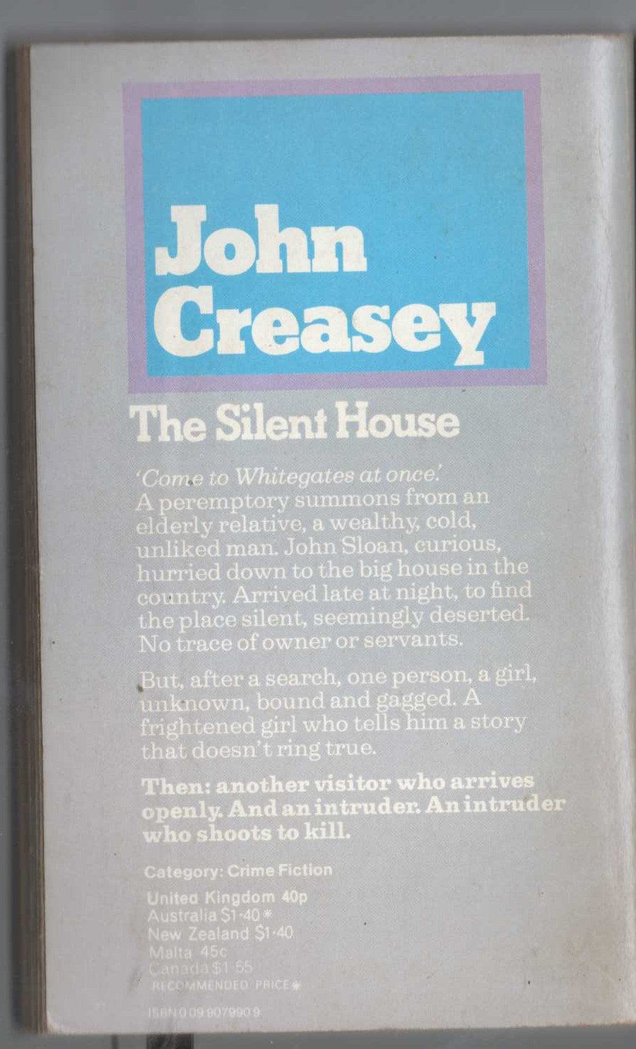 John Creasey  THE SILENT HOUSE magnified rear book cover image