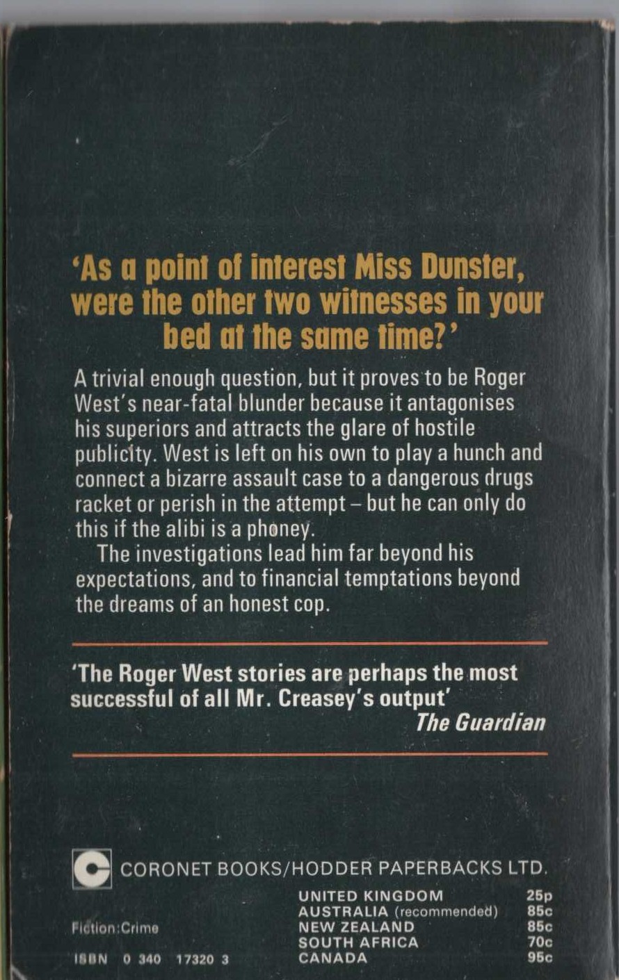 John Creasey  ALIBI FOR INSPECTOR WEST magnified rear book cover image