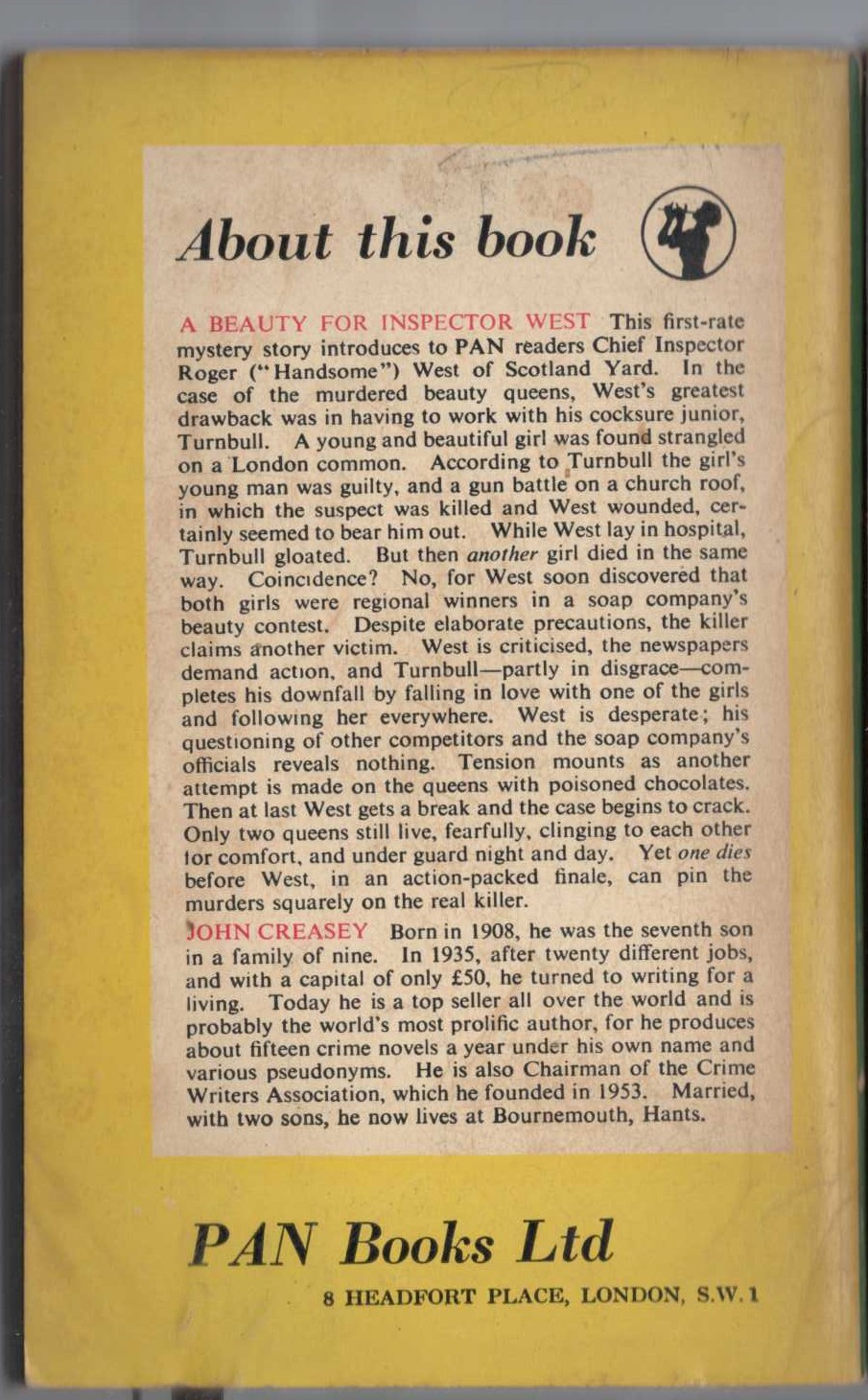 John Creasey  A BEAUTY FOR INSPECTOR WEST magnified rear book cover image