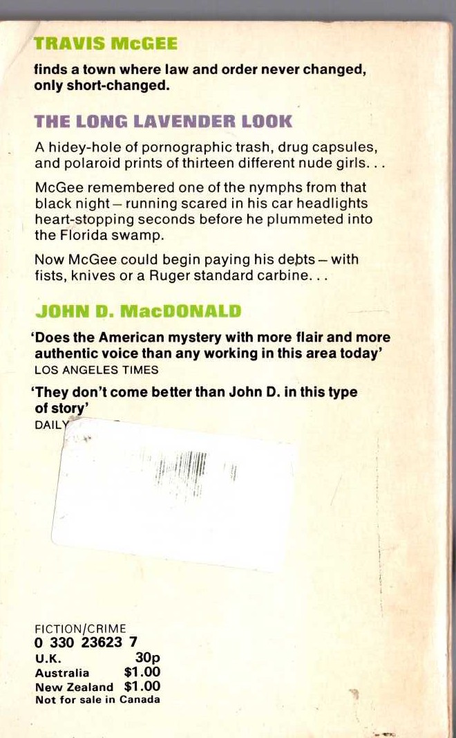 John D. MacDonald  THE LONG LAVENDER LOOK magnified rear book cover image