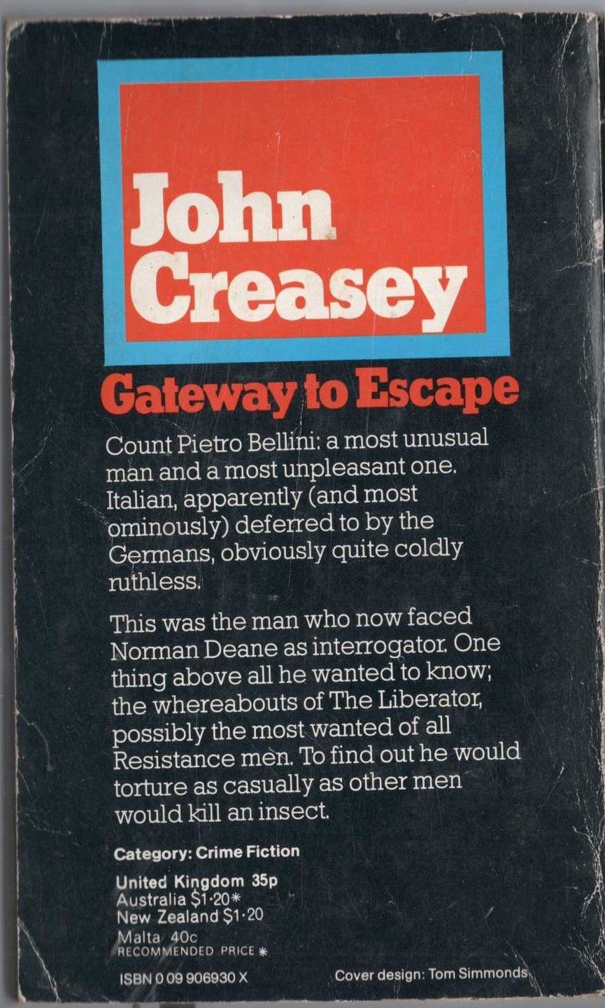 John Creasey  GATEWAY TO ESCAPE magnified rear book cover image