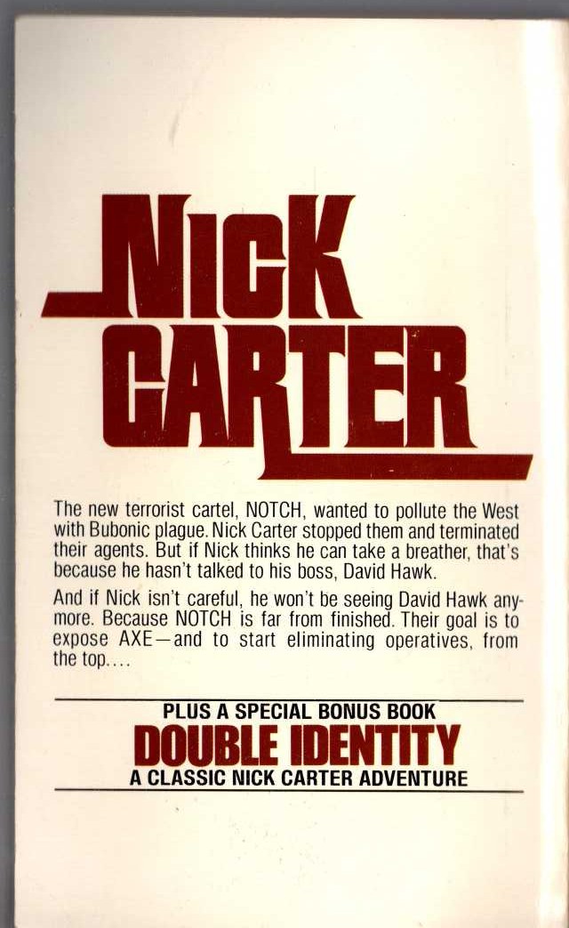 Nick Carter  STRIKE OF THE HAWK magnified rear book cover image
