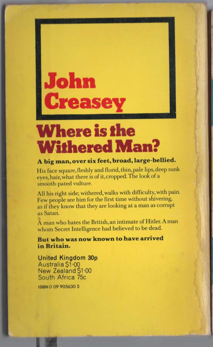 John Creasey  WHERE IS THE WITHERED MAN? magnified rear book cover image