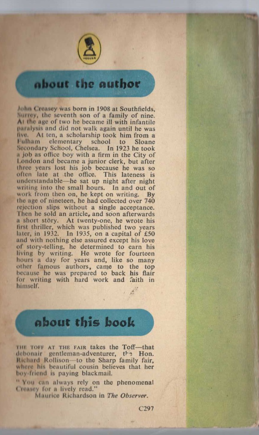 John Creasey  THE TOFF AT THE FAIR magnified rear book cover image