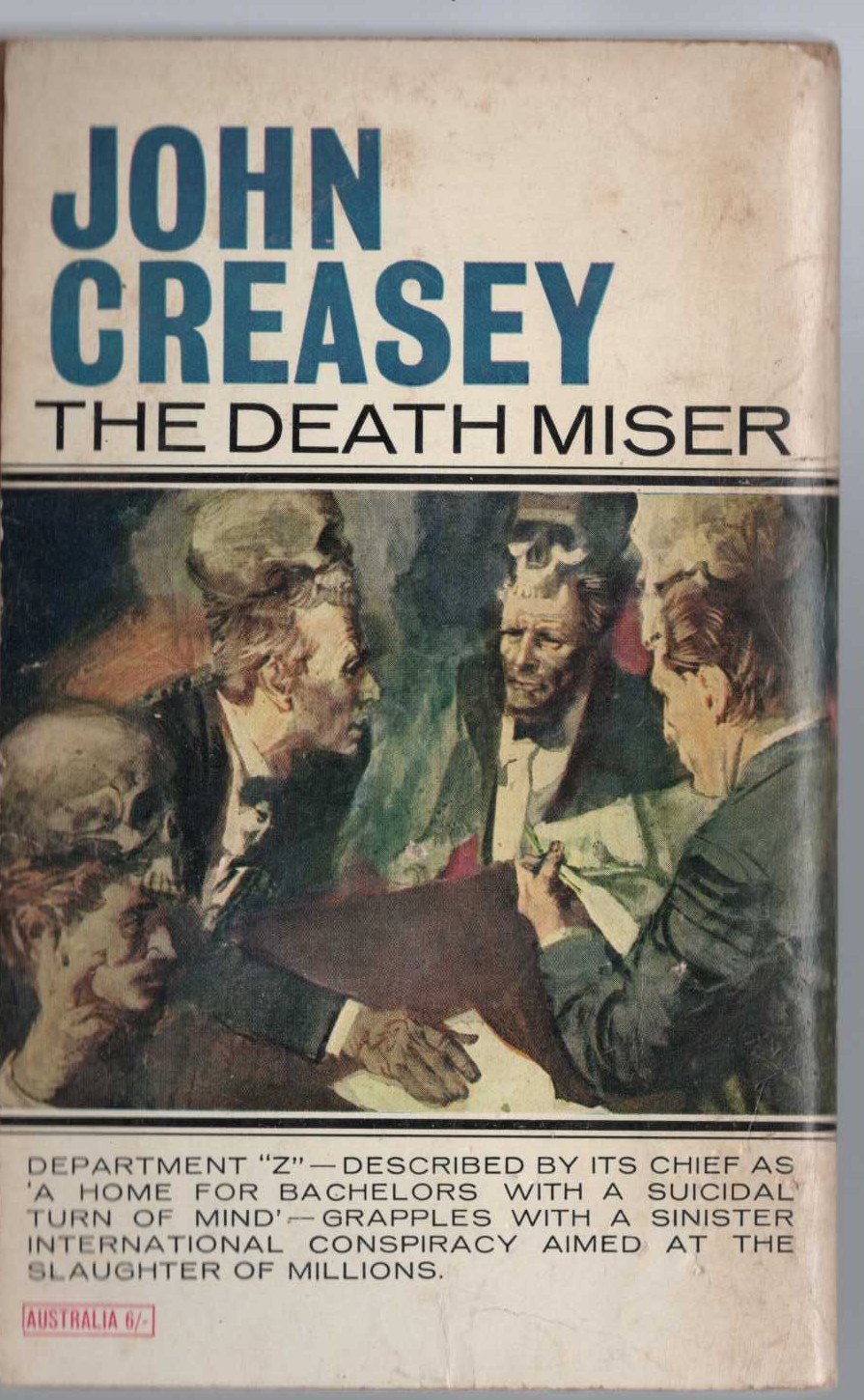 John Creasey  THE DEATH MISER magnified rear book cover image