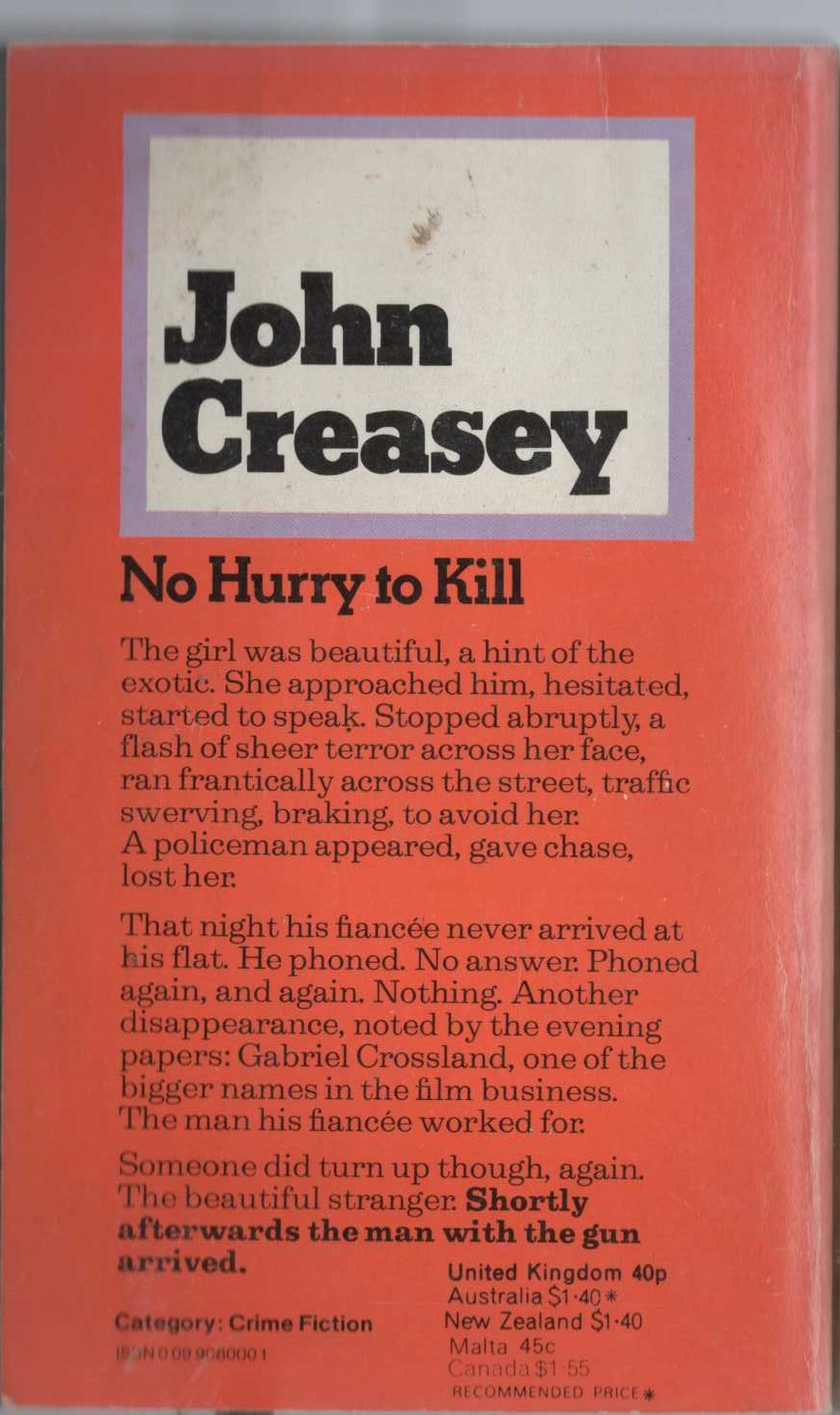 John Creasey  NO HURRY TO KILL magnified rear book cover image
