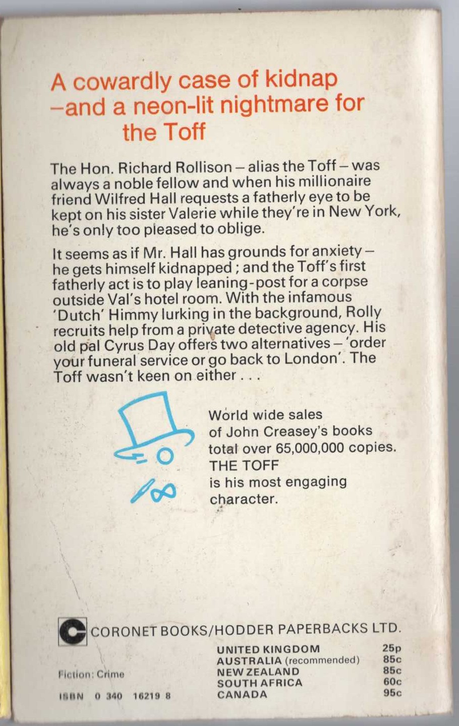 John Creasey  THE TOFF IN NEW YORK magnified rear book cover image