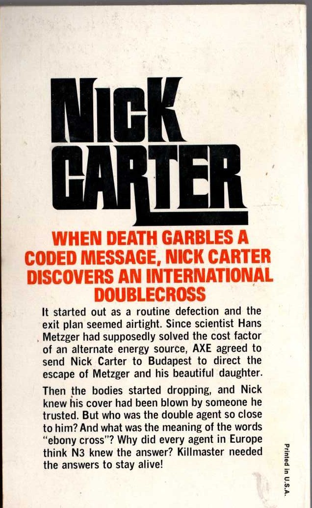 Nick Carter  THE EBONY CROSS magnified rear book cover image