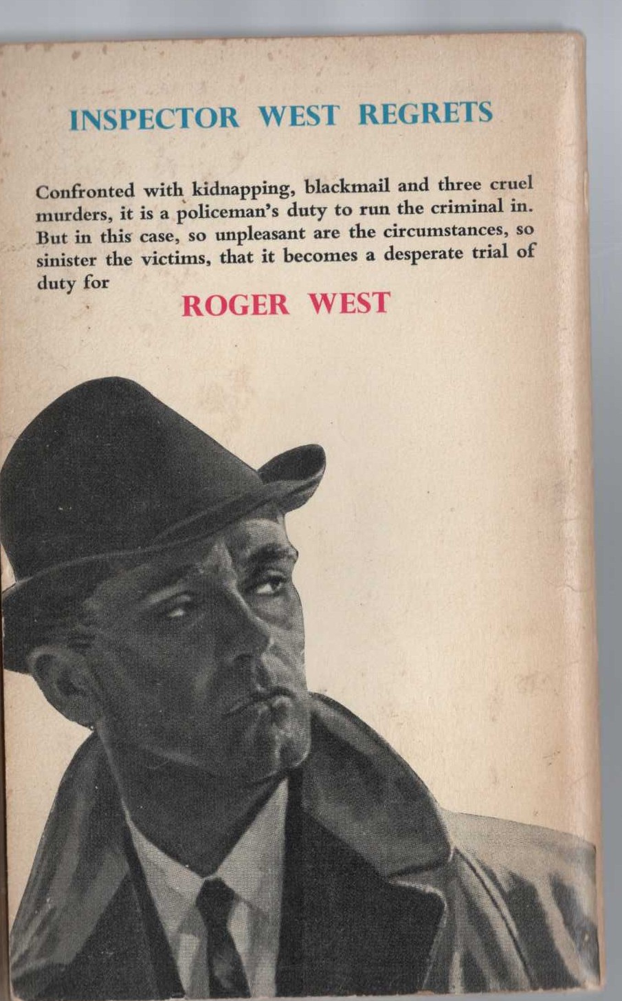 John Creasey  INSPECTOR WEST REGRETS magnified rear book cover image