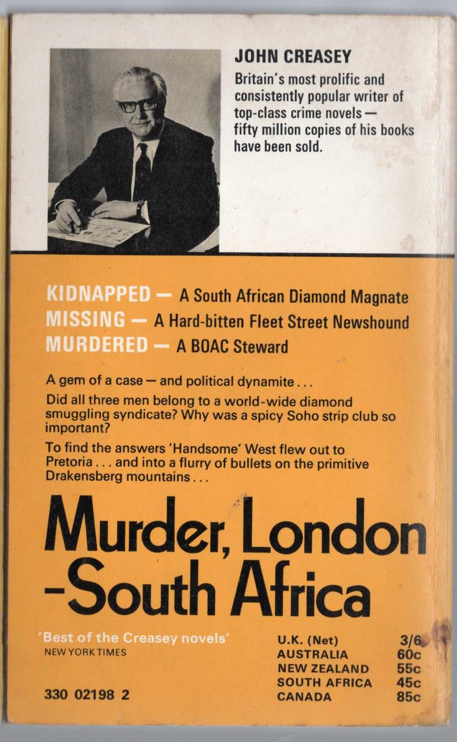 John Creasey  MURDER, LONDON - SOUTH AFRICA magnified rear book cover image