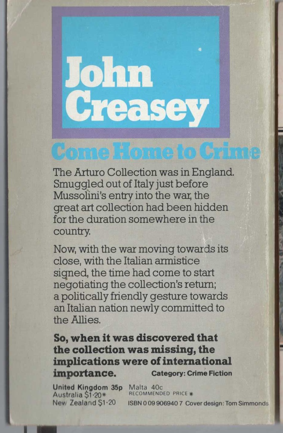 John Creasey  COME HOME TO CRIME magnified rear book cover image