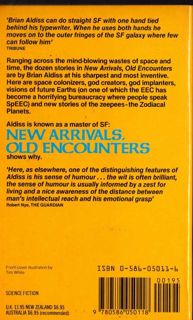 Brian Aldiss  NEW ARRIVALS, OLD ENCOUNTERS magnified rear book cover image
