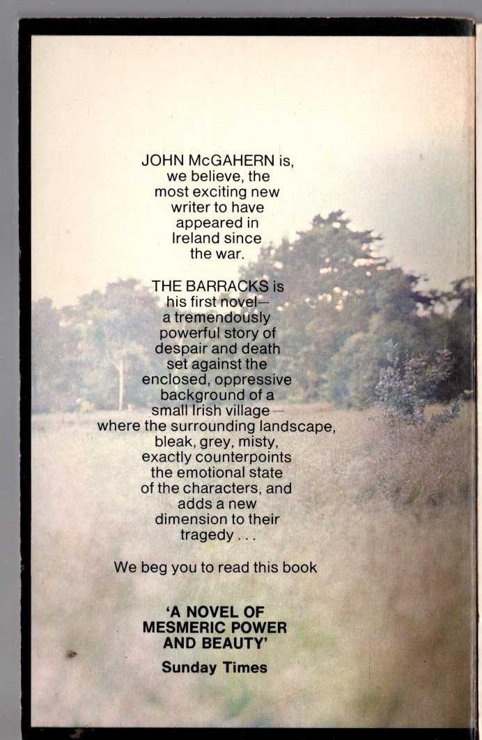 John McGahern  THE BARRACKS magnified rear book cover image