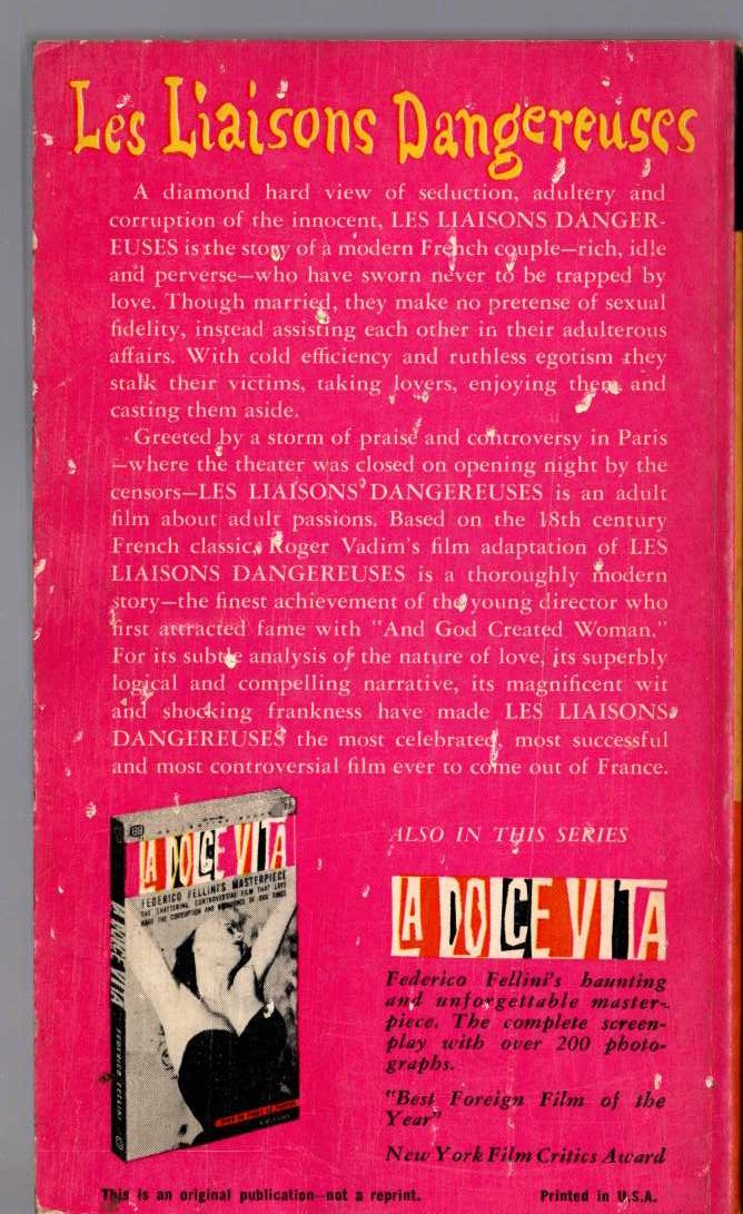 Vadim. Roger   LES LIAISONS DANGEREUSES magnified rear book cover image