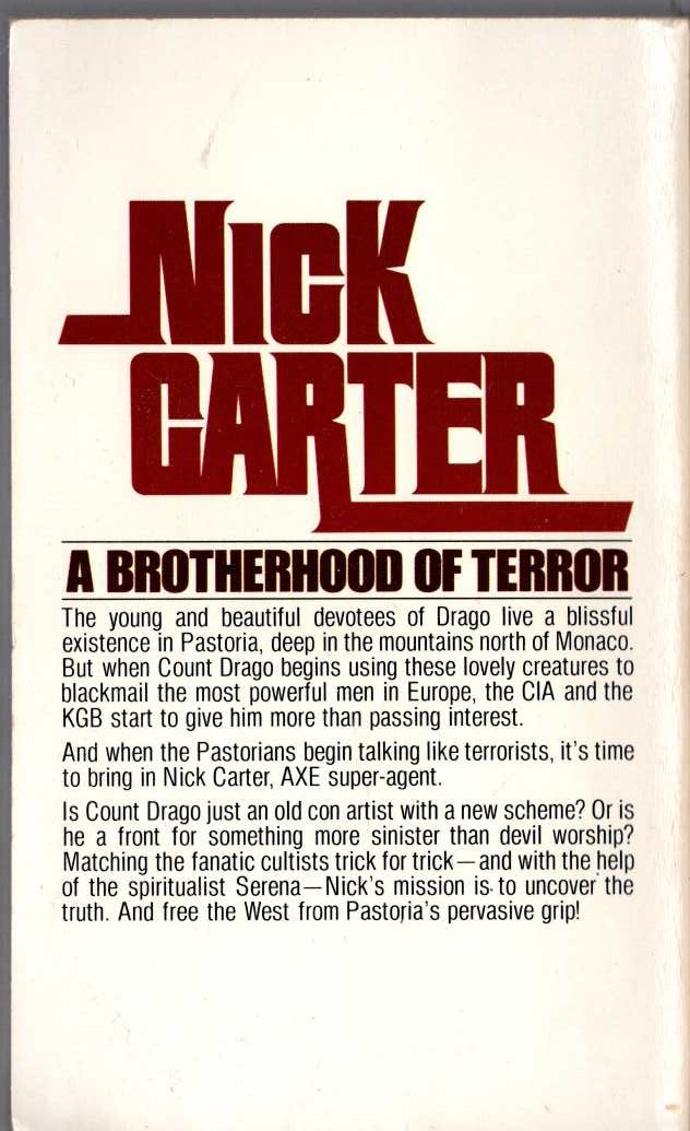Nick Carter  THE SATAN TRAP magnified rear book cover image