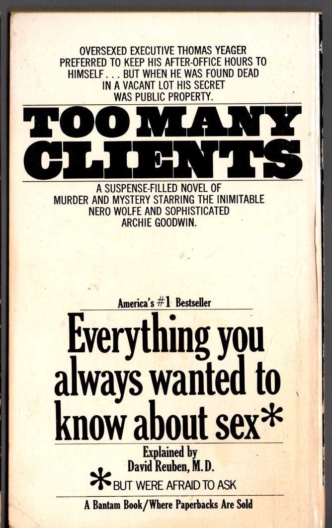 Rex Stout  TOO MANY CLIENTS magnified rear book cover image