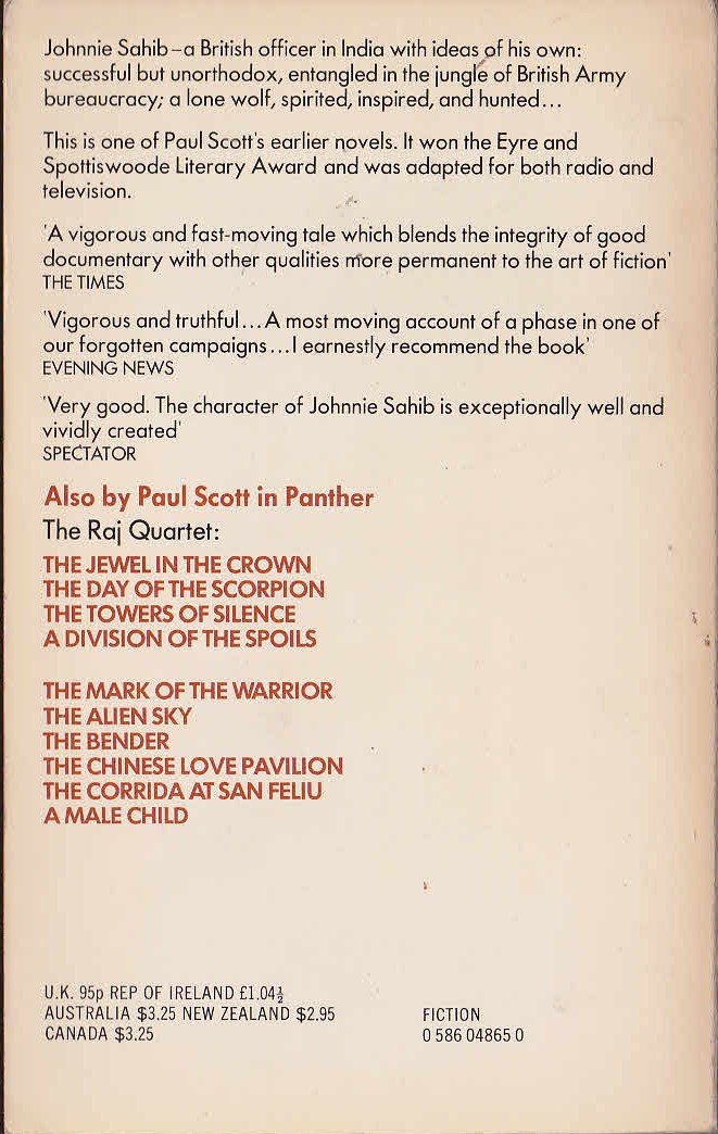 Paul Scott  JOHNNIE SAHIB magnified rear book cover image
