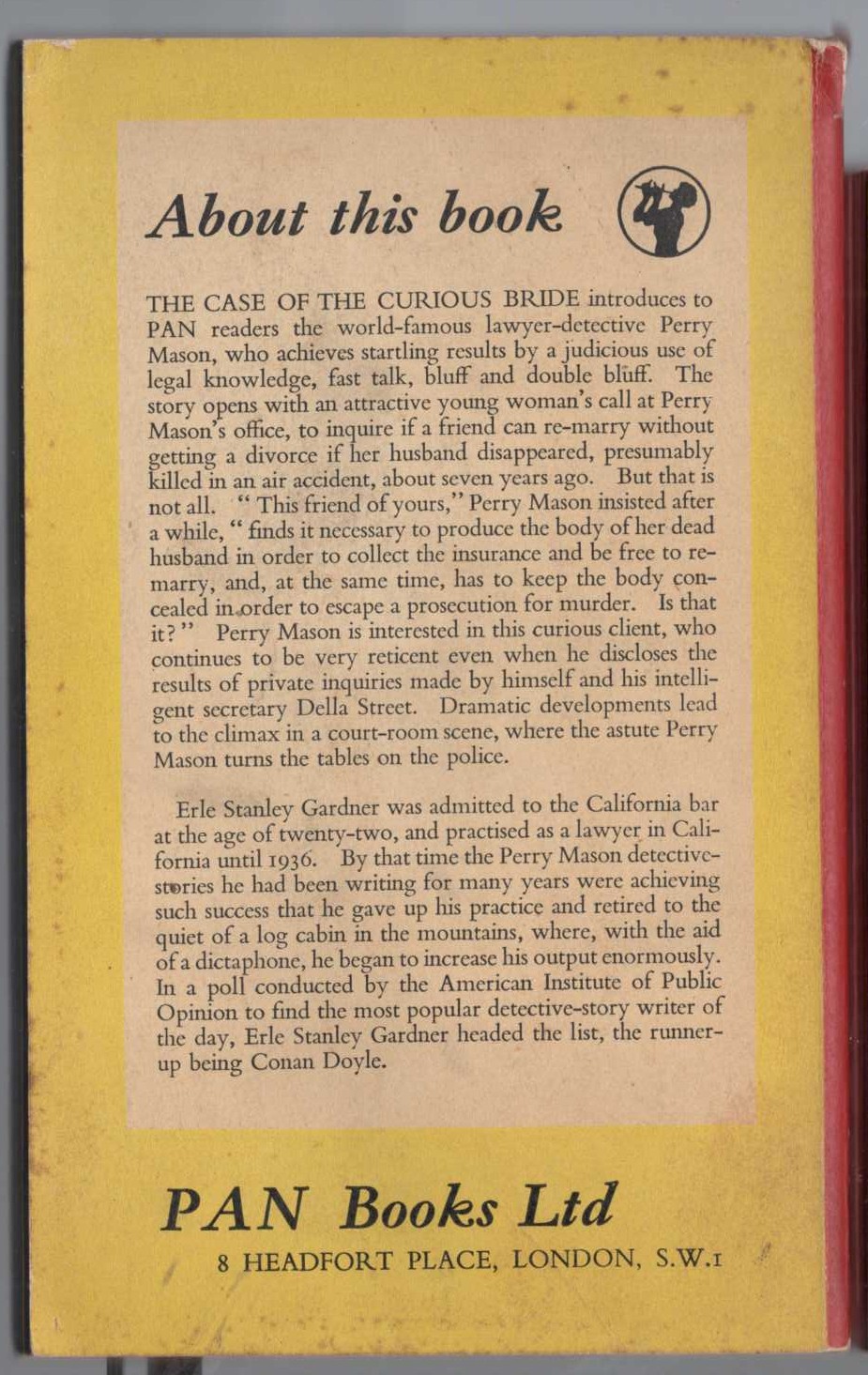 Erle Stanley Gardner  THE CASE OF THE CURIOUS BRIDE magnified rear book cover image