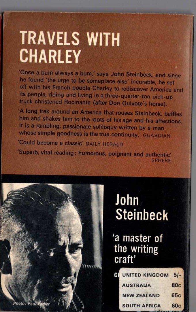 John Steinbeck  TRAVELS WITH CHARLEY magnified rear book cover image