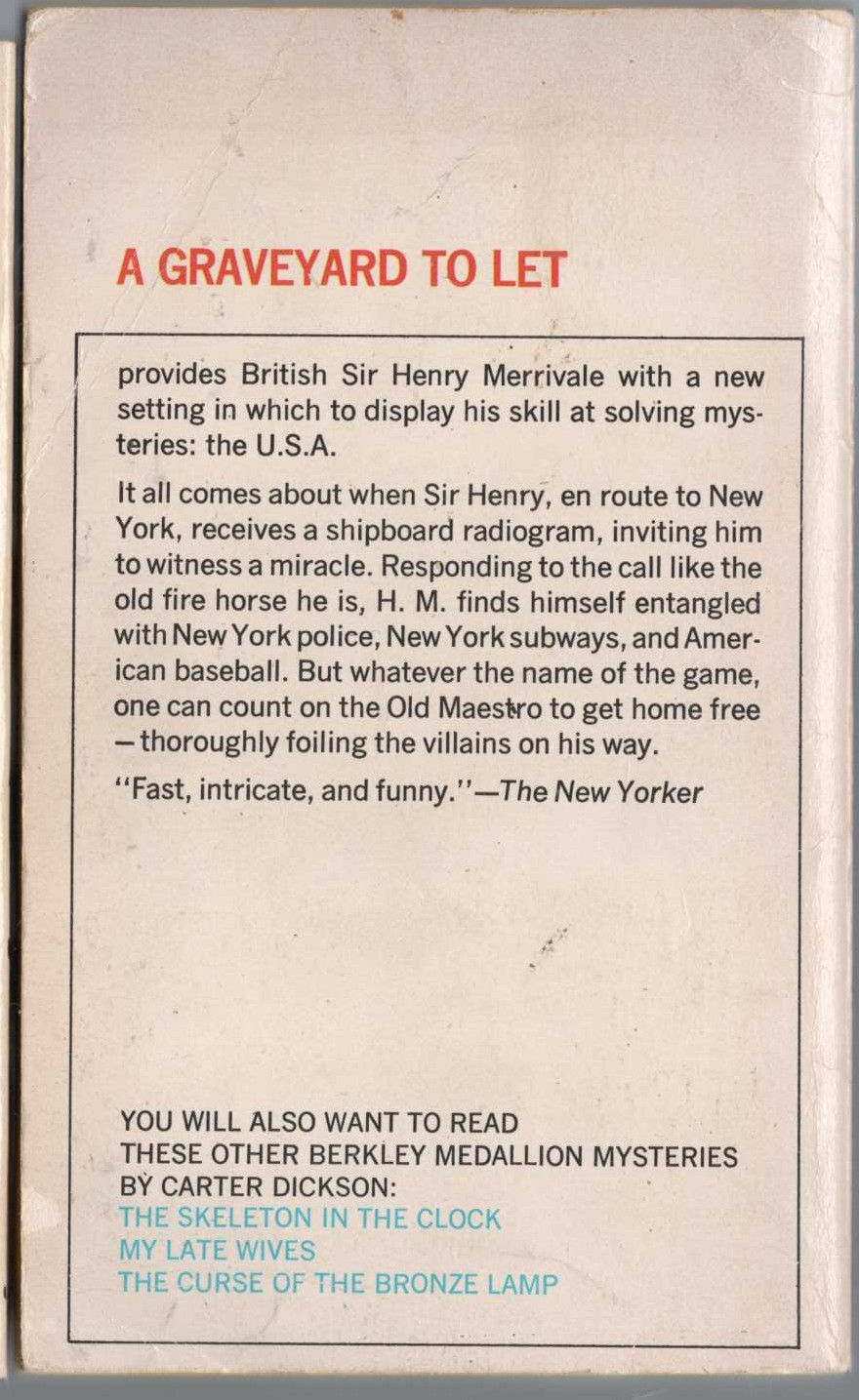 Carter Dickson  A GRAVEYARD TO LET magnified rear book cover image