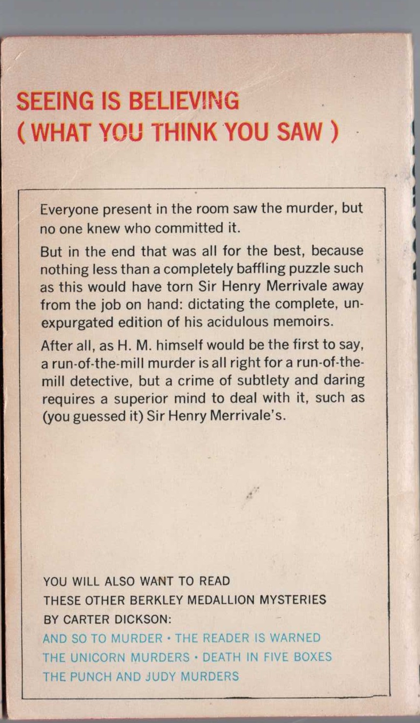 Carter Dickson  SEEING IS BELIEVING magnified rear book cover image